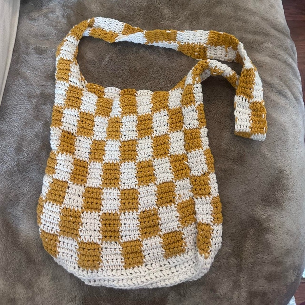 Checkered gingham upcycled knitted boho slouchy bag